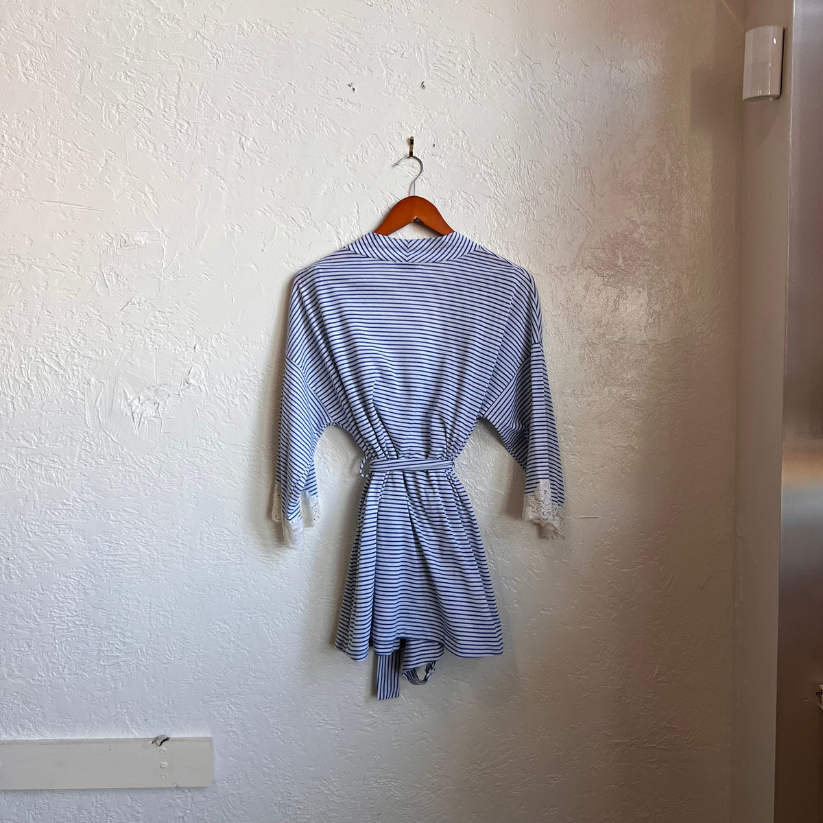 Blue and White Striped Vintage Robe & Romper Loungewear Set | Medium