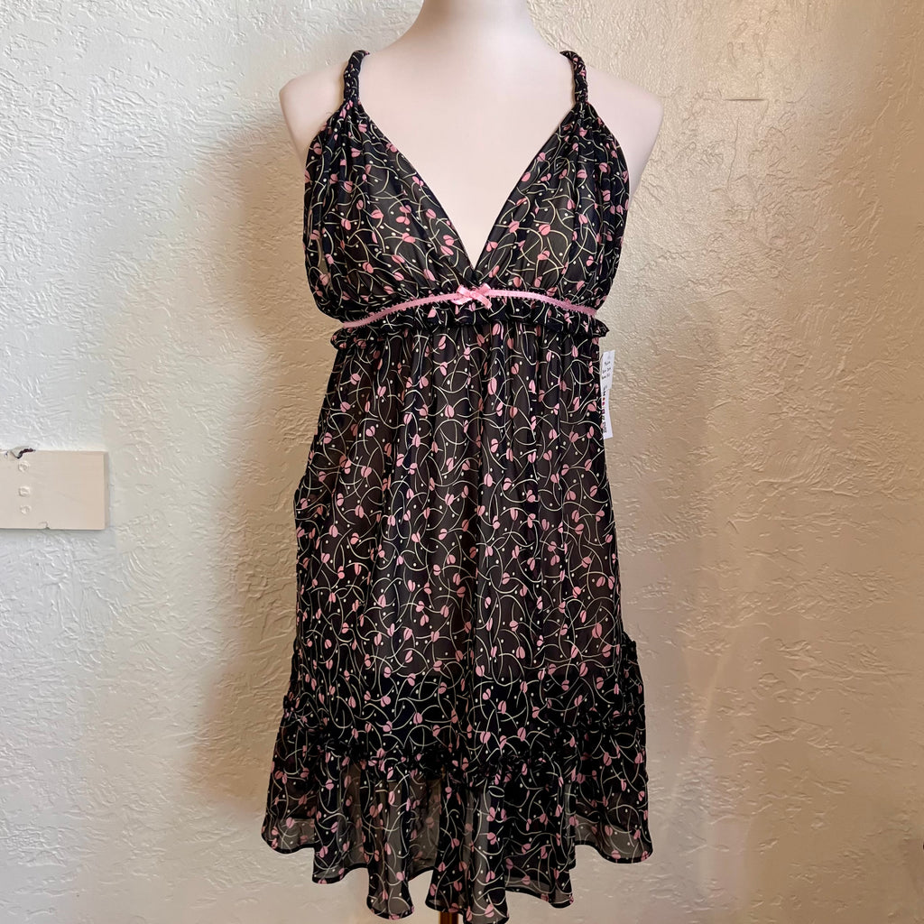 Oscar De La Renta Pink Label Black Sheer Floral Slip Dress | Medium