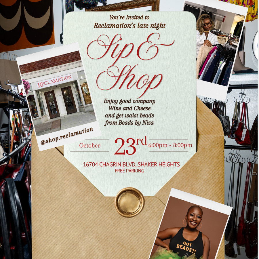 A collage-style invitation card for an event at 'Sip & Shop' layered over a kraft paper envelope with a wax seal, surrounded by boutique photos and social media elements.

And to end the month we're having a late night Sip & Shop. Enjoy complimentary wine and cheese and good vibes. With special guest @beadsbyniza36
Get 2 FREE anklets when you shop!