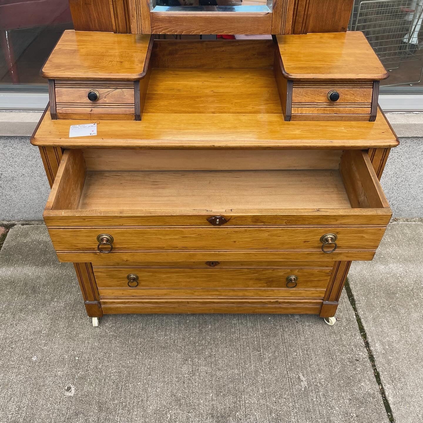 Antique Eastlake Oak Vanity/Chest of Drawers on Wheels